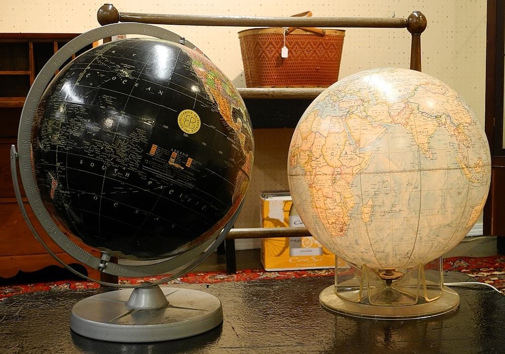 Two Globes: Black Encyclopedia Brittanica 12" & Illuminated Time Life 12" (1 of 2)