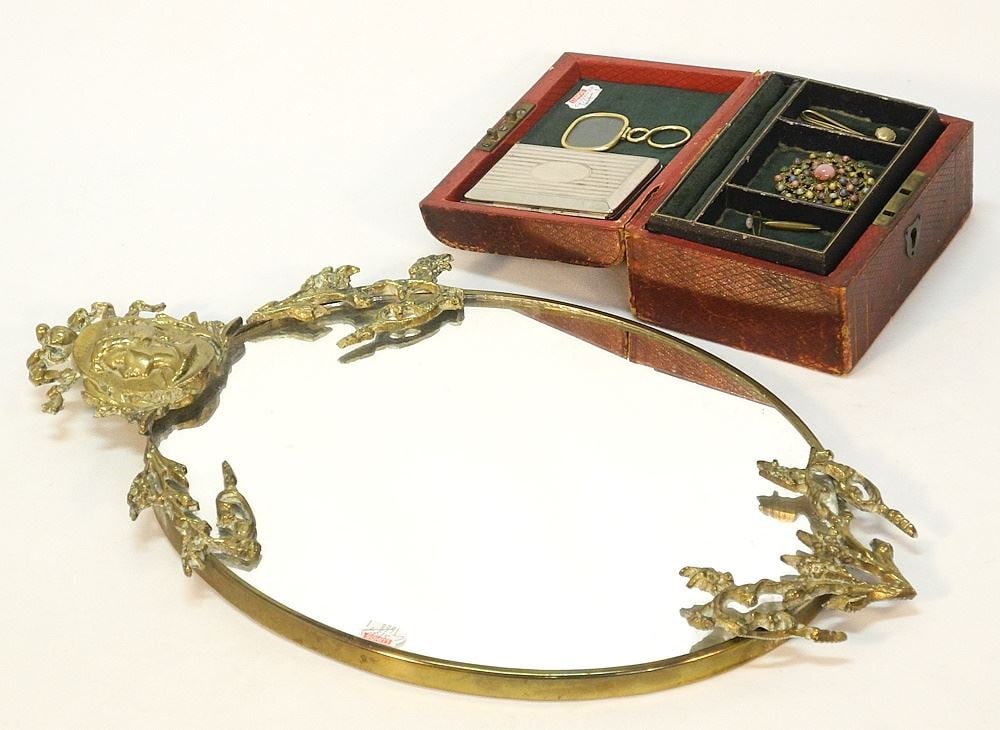 Cast Brass Looking Glass with Julius Harris Leather Box of Antique Sundries. (1 of 5)