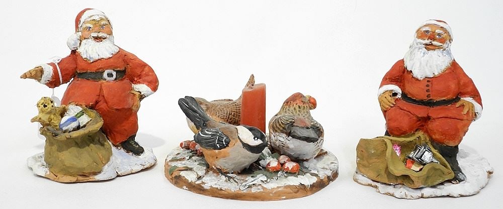 3 Christmas Theme Pottery Sculptures Monogrammed EL (Edith Lansdowne), 2 1/4 - 5"H. (1 of 2)