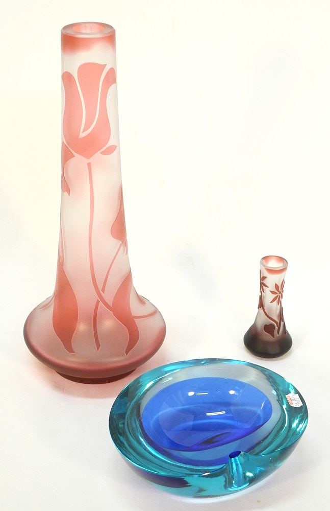 3 Glass Wares: 2 Galle Type Vases (4 1/2 & 14 1/2"H) / Murano Style Dish, 7 1/2"H. (1 of 3)