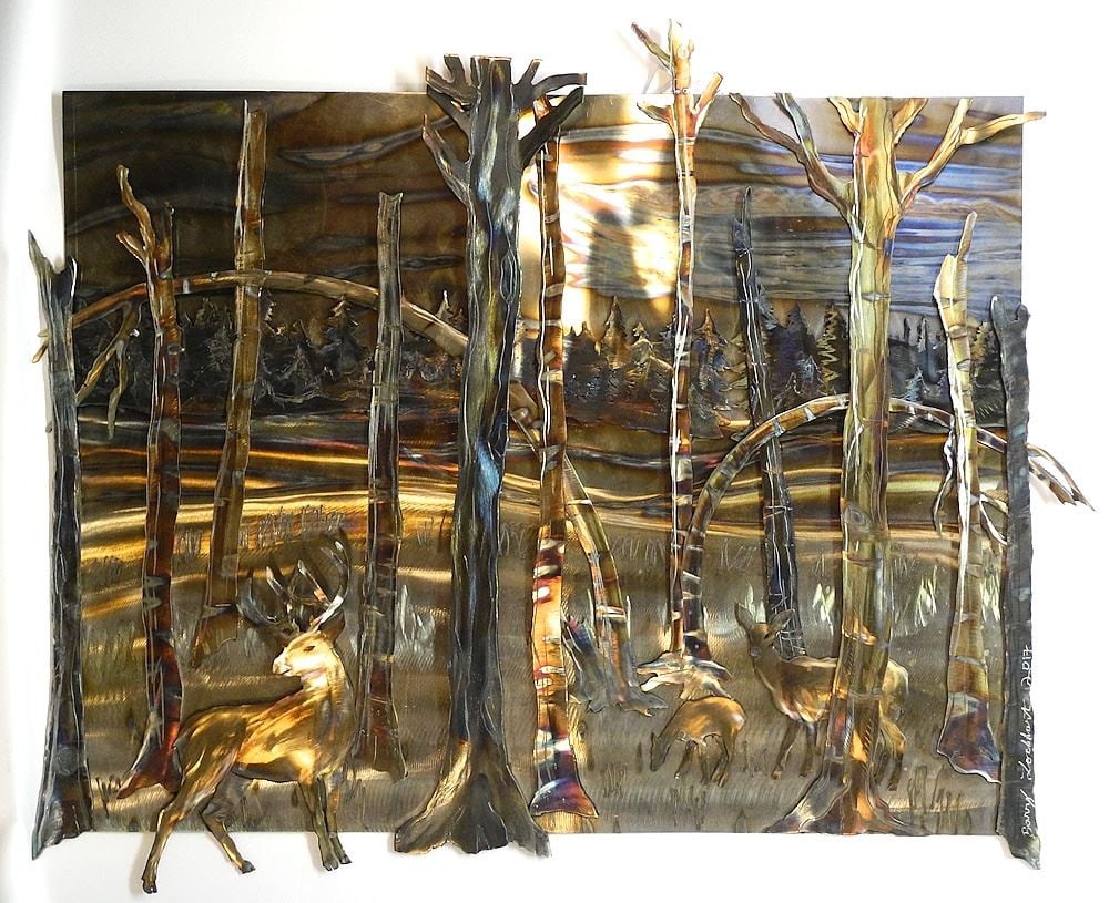 Metalwork Panel signed Berry Lockhart, 30 1/4" x 38 1/4", "Lake Scene".: Metalwork Panel signed Berry Lockhart, 30 1/4" x 38 1/4", "Lake Scene".