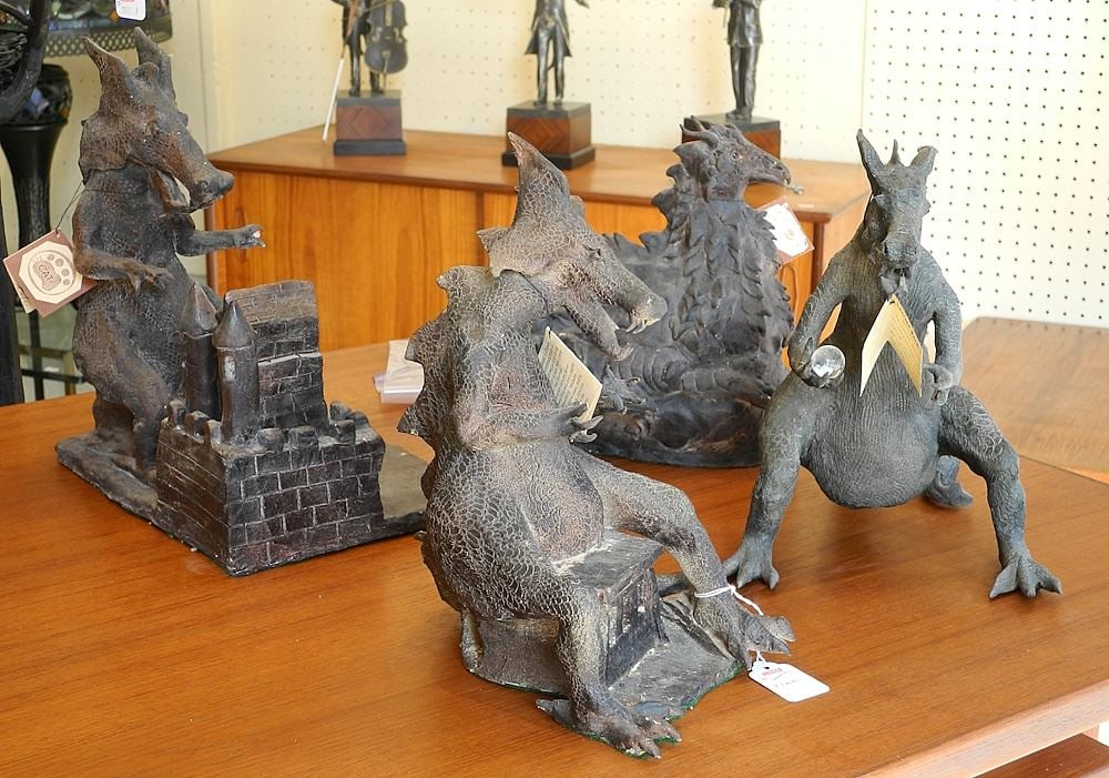 4 Pottery Dragon Sculptures signed by Cat with Paw Print, as found (chips and losses noted). (1 of 2)