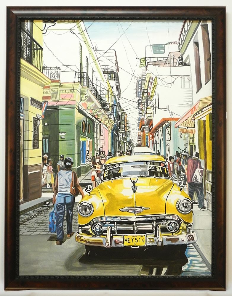 Unsigned Gouache on Canvas, 32 x 22 1/2", "Cuba HEY514".: Unsigned Gouache on Canvas, 32 x 22 1/2", "Cuba HEY514".