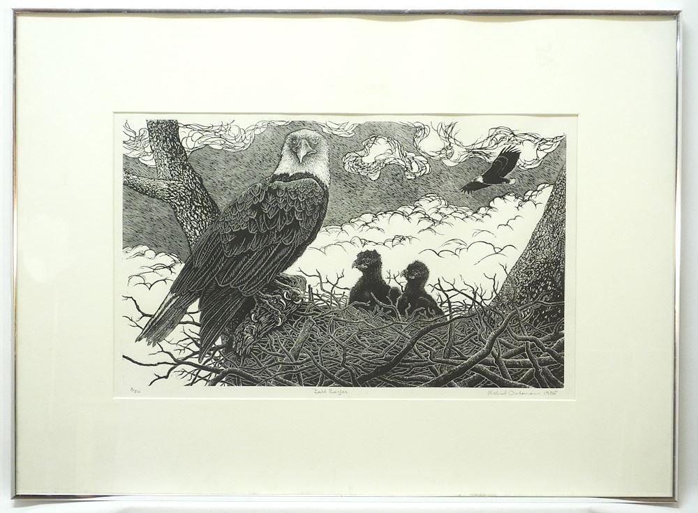 Wood Engraving signed Michiel Oudeman 1985, 12 3/4 x 20 3/4, "Bald Eagles", #3/50. (1 of 3)