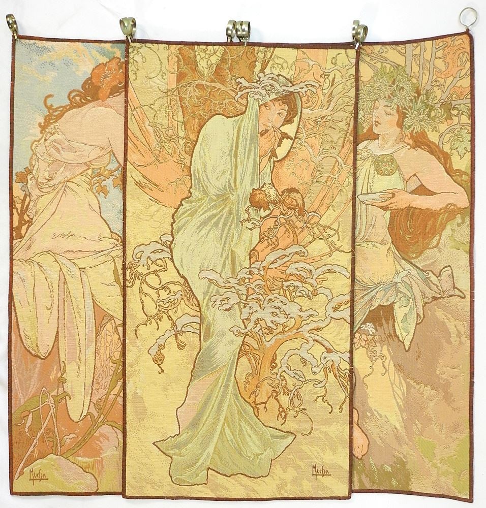 3 Alphonse Mucha Design Tapestry Panels, 26 x 12 1/2". (1 of 3)