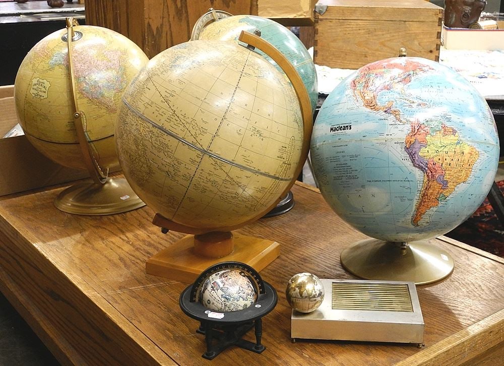 Four Various 12" Globes with Globe Musical Cigarette Box and Miniature Globe (1 of 2)