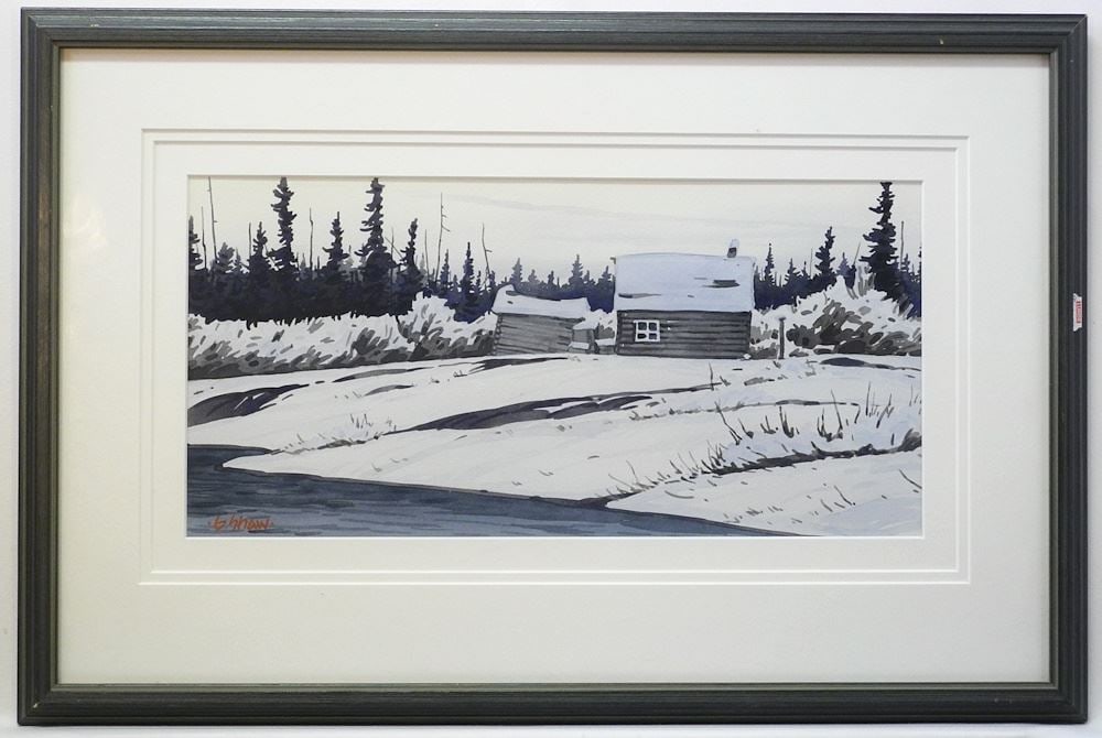 Watercolour signed G.(Graeme) Shaw, 8" x 16 3/8", "Abandoned Home Lac La Martre".: Watercolour signed G.(Graeme) Shaw, 8" x 16 3/8", "Abandoned Home Lac La Martre".