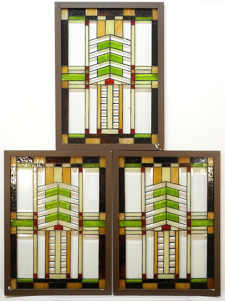 3 Prairie Style Leaded Glass Windows , Each 21 1/8 x 15". (1 of 4)