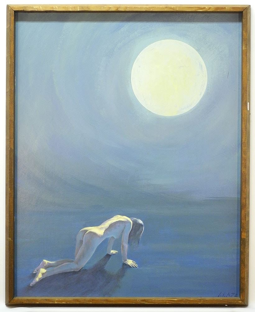 Oil on Masonite Monogrammed I.IA'72, 29 1/2 x 23 1/2", "Woman Under the Moon".: Oil on Masonite Monogrammed I.IA'72, 29 1/2 x 23 1/2", "Woman Under the Moon".