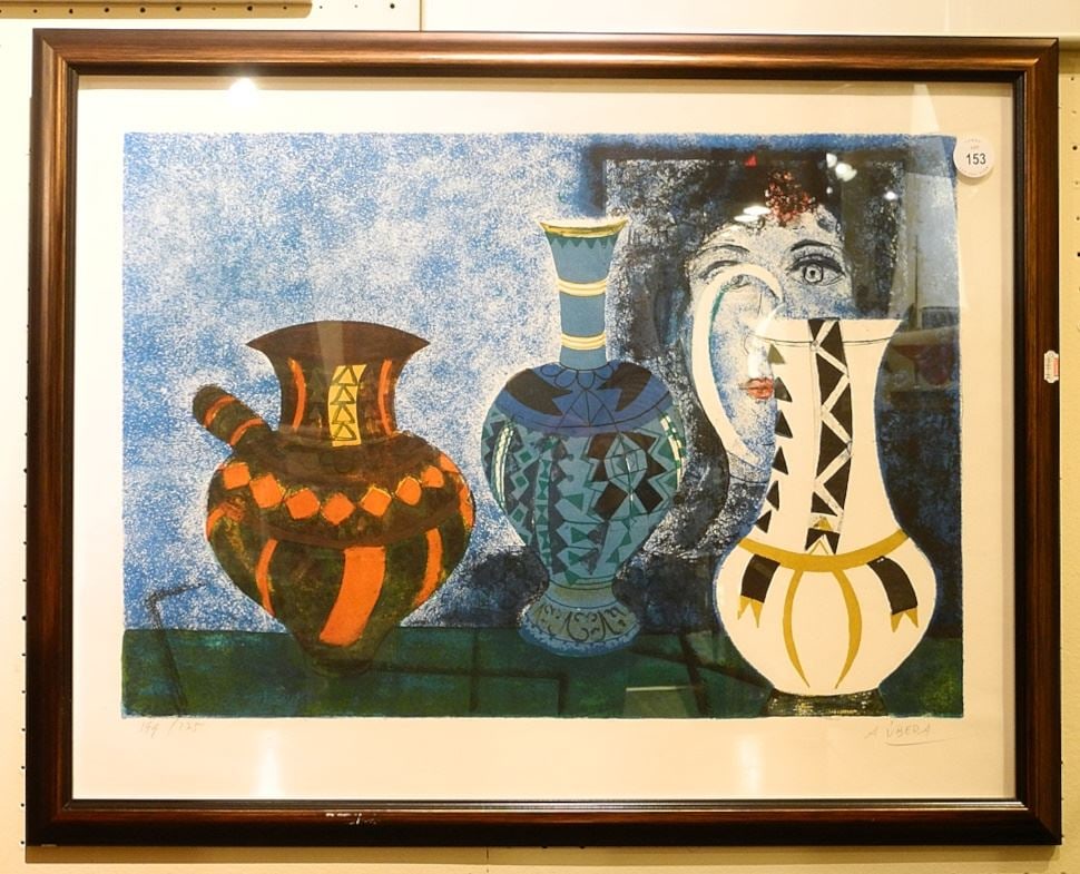 Lithograph signed A. (Augustin) Ubeda, 16 x 22 1/2", "Les Trois Vases", #199/275. (1 of 2)