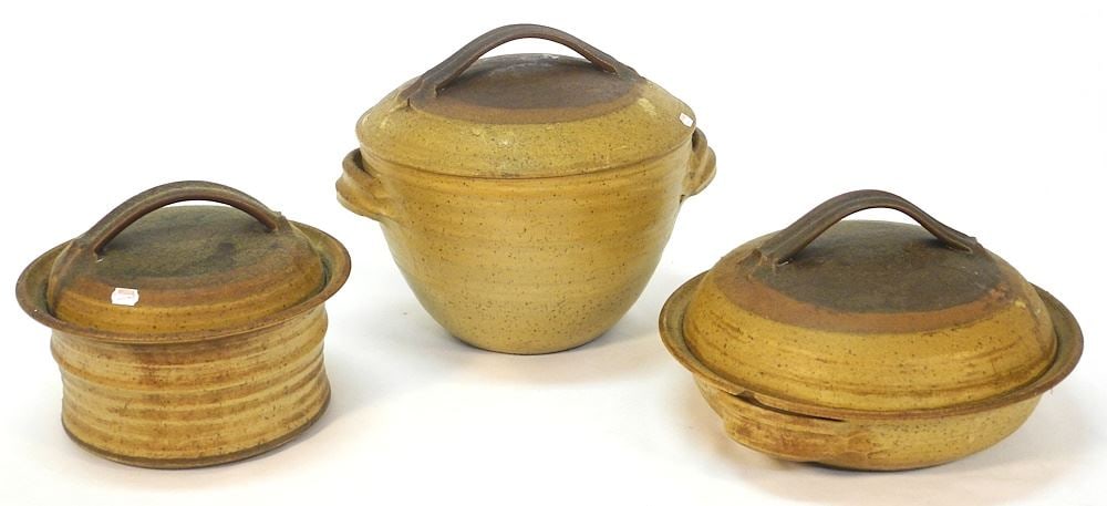 3 Stoneware Covered Vessels Impressed with "C" Monogram, 10 1/4" - 13" Diameter. (1 of 3)