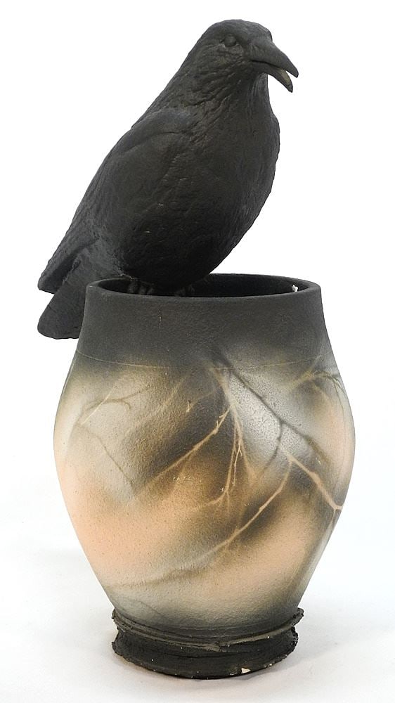 Raku Vase Mounted with Crow, 17 1/4" H (restoration & chips noted).: Raku Vase Mounted with Crow, 17 1/4" H (restoration & chips noted).
