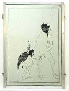 Mirror Panel with Aubrey Beardsley Print, 22 1/2 x 15 1/4" (as found).: Mirror Panel with Aubrey Beardsley Print, 22 1/2 x 15 1/4" (as found).