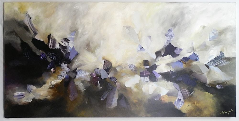 Acrylic & Collage Signed (Annebelle) Marquis, 30" x 60", "Envol de Samia Pourpre".: Acrylic & Collage Signed (Annebelle) Marquis, 30" x 60", "Envol de Samia Pourpre".