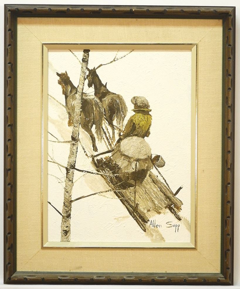 Oil on Canvas signed Allen Sapp, 16 x 12", "Got Water for His Home".: Oil on Canvas signed Allen Sapp, 16 x 12", "Got Water for His Home".