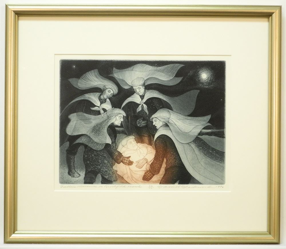 Etching signed David Blackwood 1996, 9 5/8 x 12 1/2", "Fallen Mummer on Brookfield Marsh" #36/75. (1 of 4)