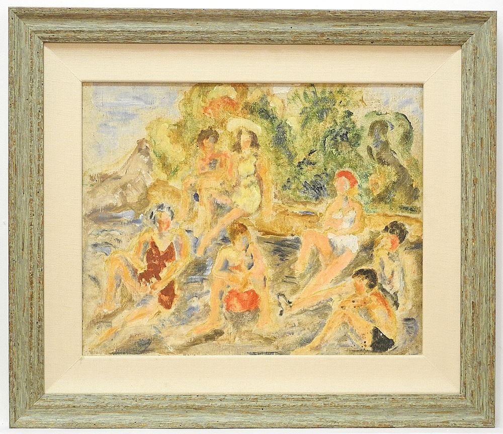 Oil on Board attributed to Molly Lamb Bobak, 12 1/2" x 15 3/4", "Bathers" ver.by family. (1 of 6)