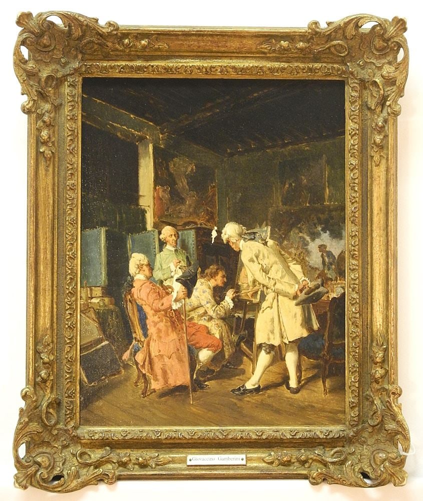 Oil on Canvas signed (Giovaccino) Gamberini, 13 1/4 x 10", "The Artists Studio" (loss note (1 of 10)