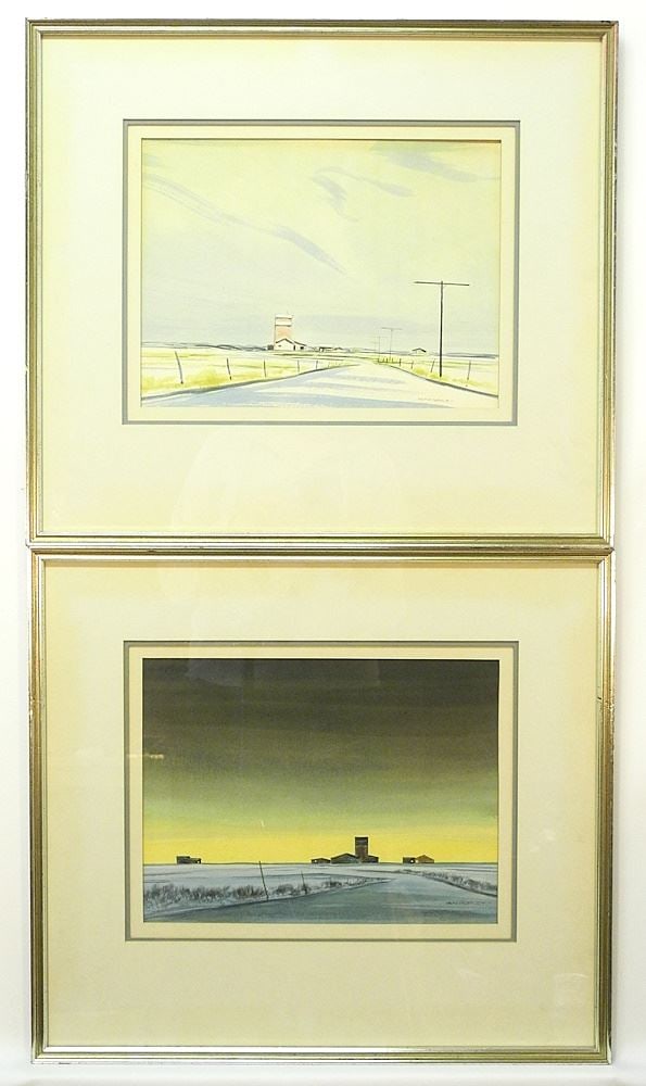 2 Watercolour signed R.N (Robert Newton) Hurley, 9 1/2 x 12 1/2", "Landscape w/Grain Elev. ( (1 of 8)