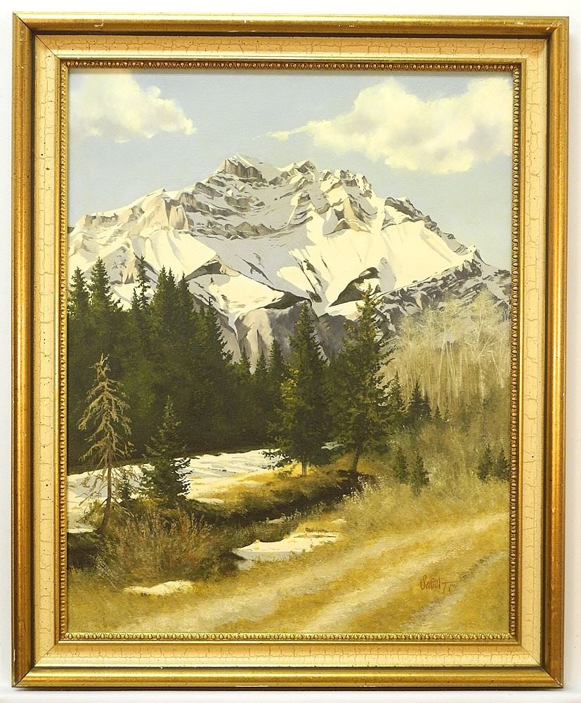 Oil on Canvas signed (Alice) Saltiel (Marshall)'77, 20 x 16", "Cascade Mountain".: Oil on Canvas signed (Alice) Saltiel (Marshall)'77, 20 x 16", "Cascade Mountain".