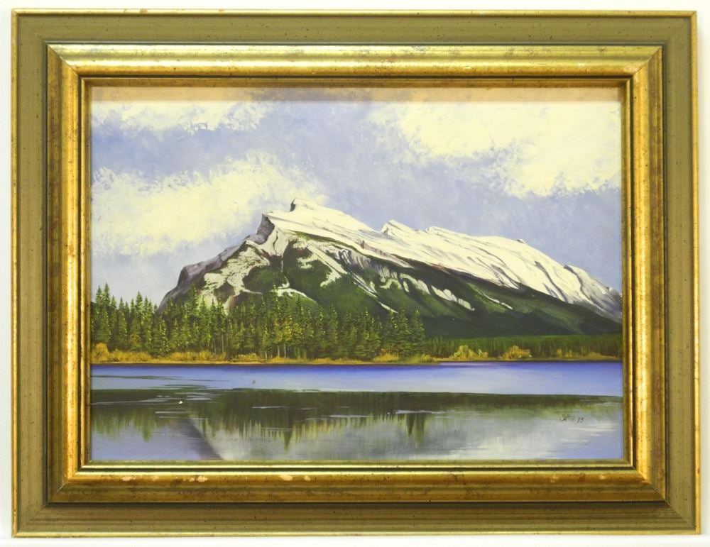 Oil on Board signed (Alice) Saltiel (Marshall)'73, 9 1/4" x 13 1/8", "Mountain & Lake".: Oil on Board signed (Alice) Saltiel (Marshall)'73, 9 1/4" x 13 1/8", "Mountain & Lake".