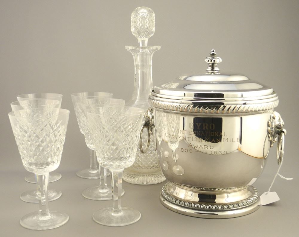 6 Waterford Alanna Glasses (5 3/4"H) with a Stuart Decanter & Ice Bucket.: 6 Waterford Alanna Glasses (5 3/4"H) with a Stuart Decanter & Ice Bucket.
