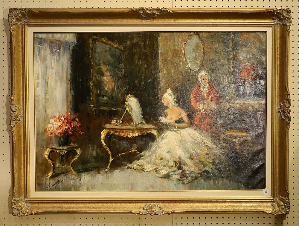 Oil on Canvas signed P. Veneziani, 26 1/2 x 38 1/2", "French Rococo Interior Scene". (1 of 2)