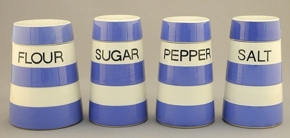 4 Cornish Kitchenware Casters: Flour / Salt / Pepper / Sugar, 5 - 5 1/8"H. (1 of 3)