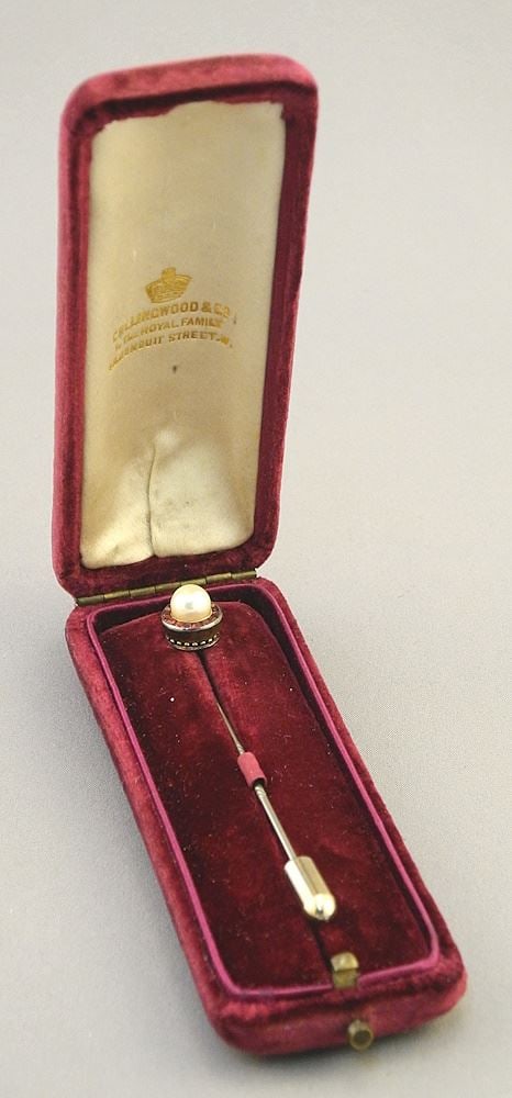 Silver (unmarked) Pin with Pearl & Square Cut Rubies, 2 1/2"L, in Original Collingwood Box. (1 of 4)