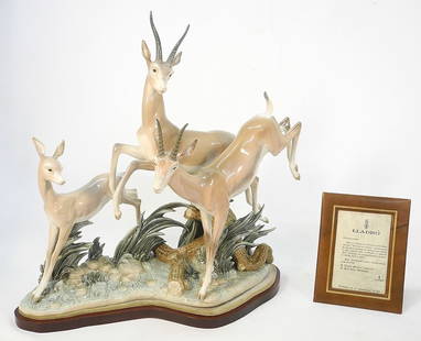 Lladro "Gacelas de Grant" Figurine with Stand & Certificate, 19 5/8 x 21 x 11 1/2".: Lladro "Gacelas de Grant" Figurine with Stand & Certificate, 19 5/8 x 21 x 11 1/2".