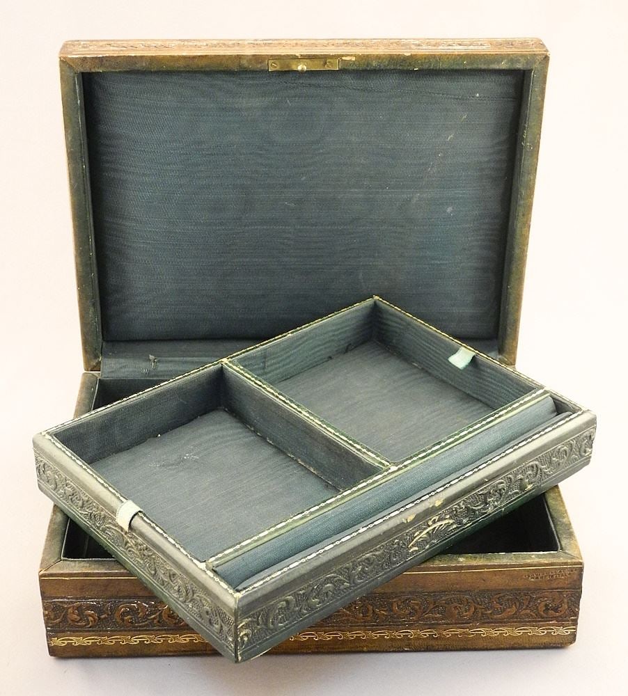 Antique French Fleur de Lis Embossed Leather Jewelry Box, 9 1/2 x 7". (1 of 3)