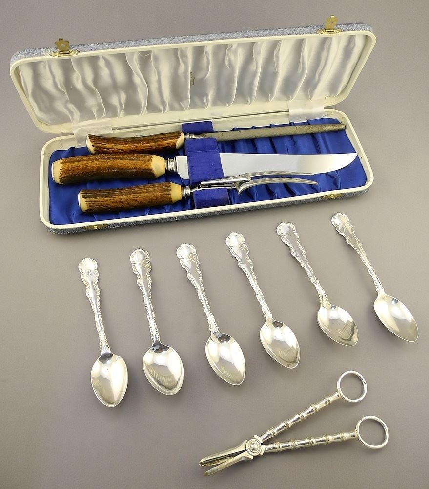 6 Tea Spoons (4 Sterling), Monogrammed JR, Weight 115 Grams, 2 Plated with Carving Set... (1 of 4)