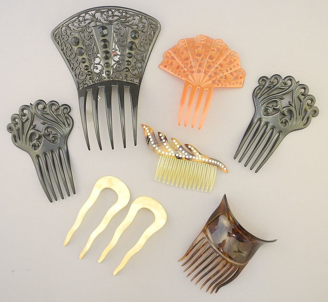8 Vintage Celluloid Hair Combs, 1 3/4 - 5 1/2"W. (1 of 1)
