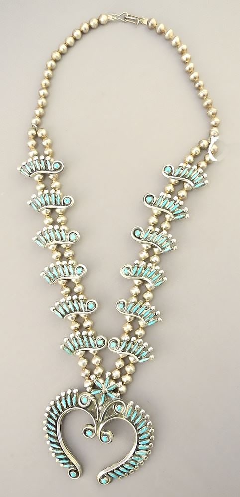Navajo Squash Blossom Necklace, Unmarked Silver & Turquoise, 24 1/2" L, 155 Grams. (1 of 3)