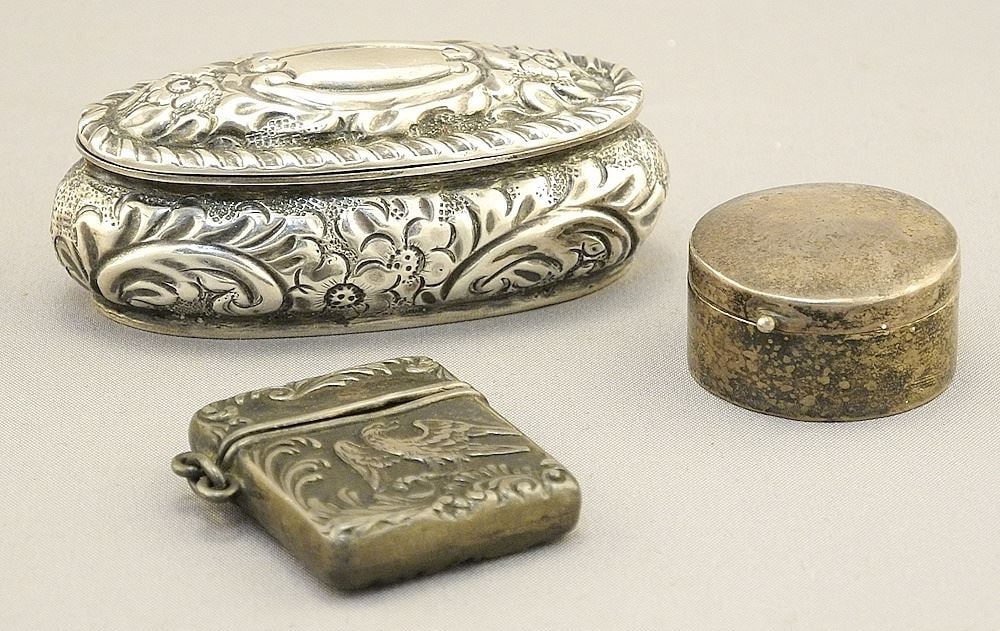 2 Sterling Silver Boxes & A Vesta Case, 7/8 - 2 1/4"W, 32.3 Grams. (1 of 3)