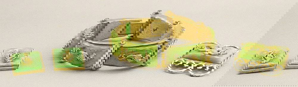 JHP Jean Painleve Paris Gold Plated & Green Bakelite Parure: Bracelet, Brooch, Earrings: JHP Jean Painleve Paris Gold Plated & Green Bakelite Parure: Bracelet, Brooch, Earrings
