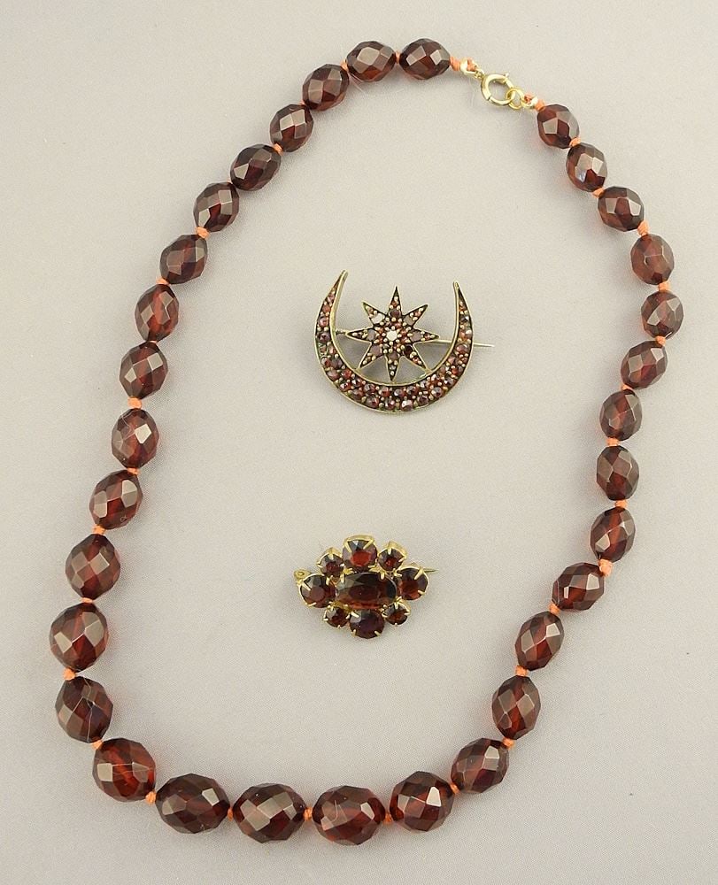 Antique Garnet Star & Moon Brooch, Garnet Brooch & Faceted Red Amber Type Necklace, Handknotted (1 of 1)