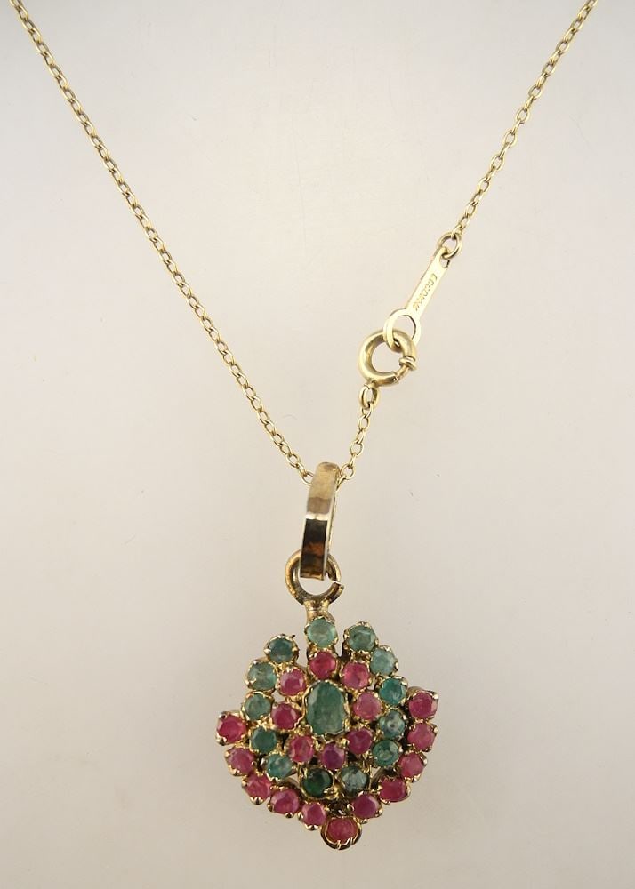 Ruby & Emerald Pendant & 14K Chain (Stones Checked). (1 of 3)