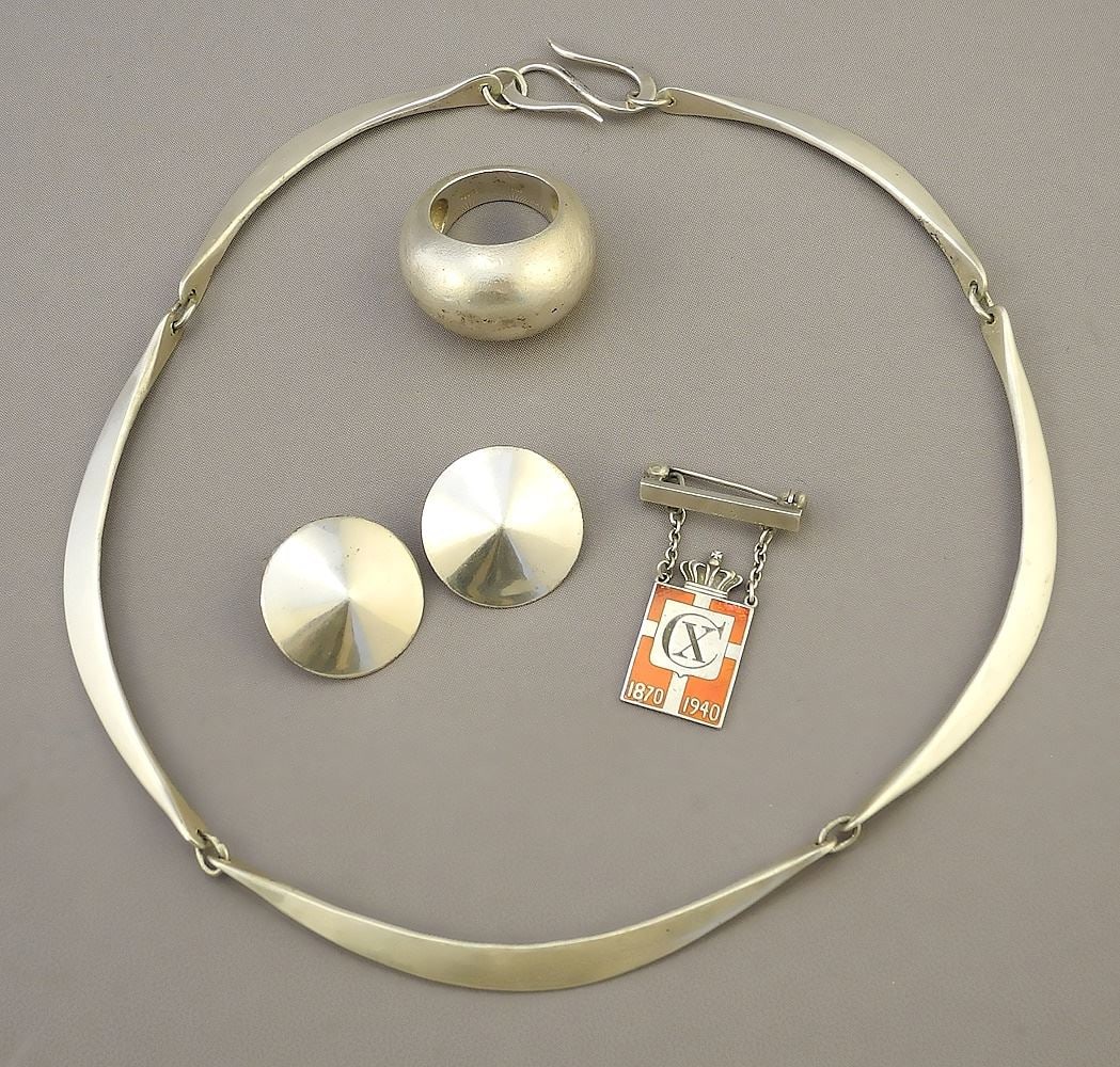 Georg Jensen Commemorative 1940 Pin (Enamel chipped), with Sterling Ring , Necklace & Persian Earri (1 of 4)