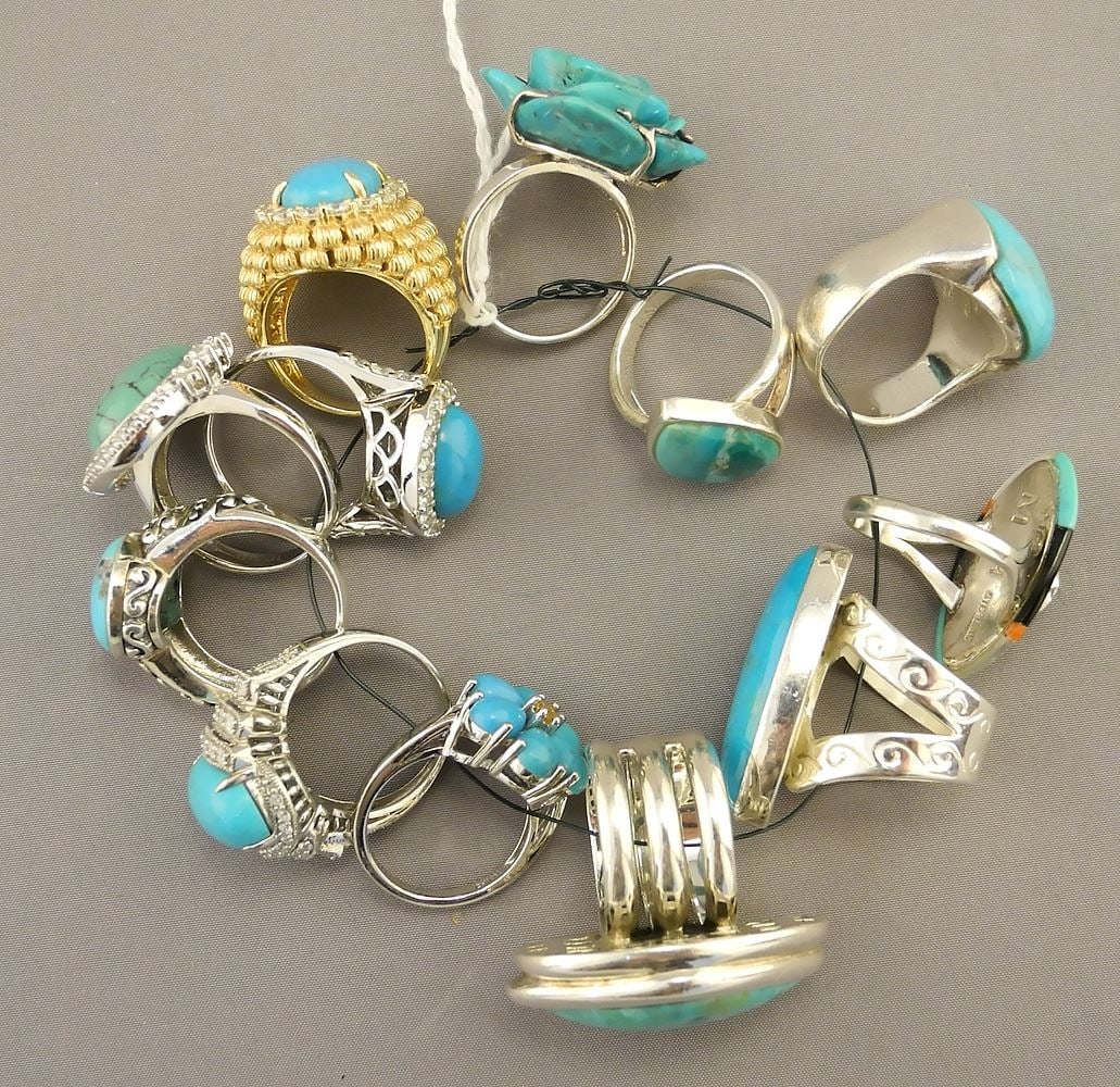 Twelve Sterling Silver (925) Rings with Turquoise Stones. (1 of 3)