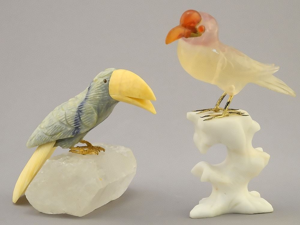 2 Mineral Specimen Exotic Bird Sculptures, 3 1/4 & 4 3/4"H. (1 of 2)