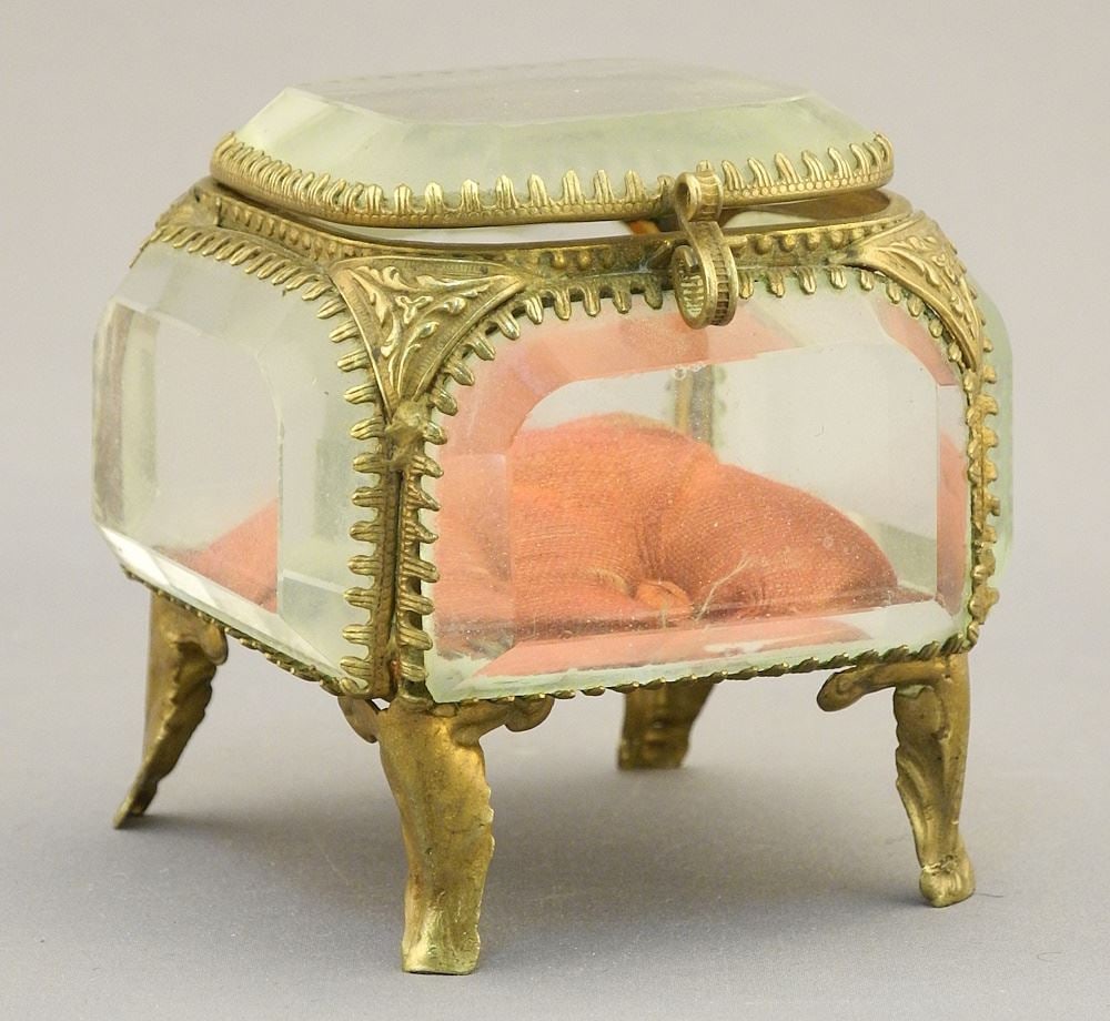 Glass & Brass Satin Lined Jewelry Casket, 2 5/8"H.: Glass & Brass Satin Lined Jewelry Casket, 2 5/8"H.