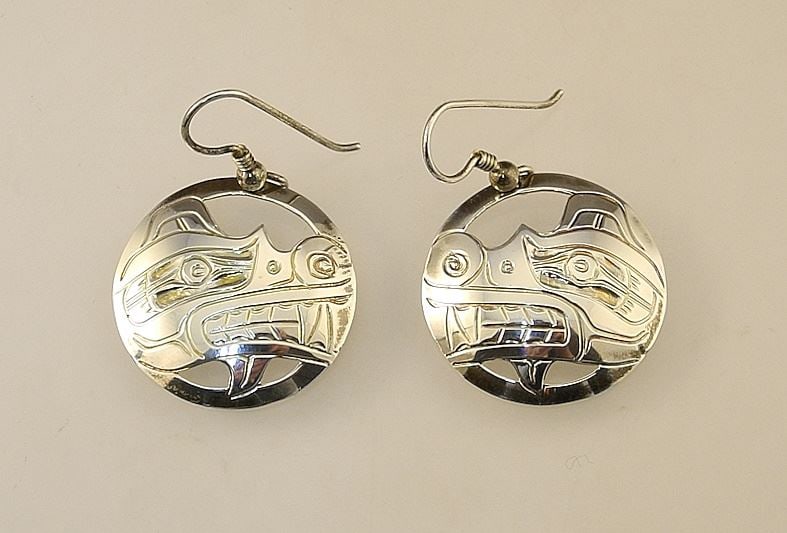 Pair of Kwagiulth Silver "Wolf" Earrings signed H. (Harold) Alfred, 6.59 Grams.: Pair of Kwagiulth Silver "Wolf" Earrings signed H. (Harold) Alfred, 6.59 Grams.