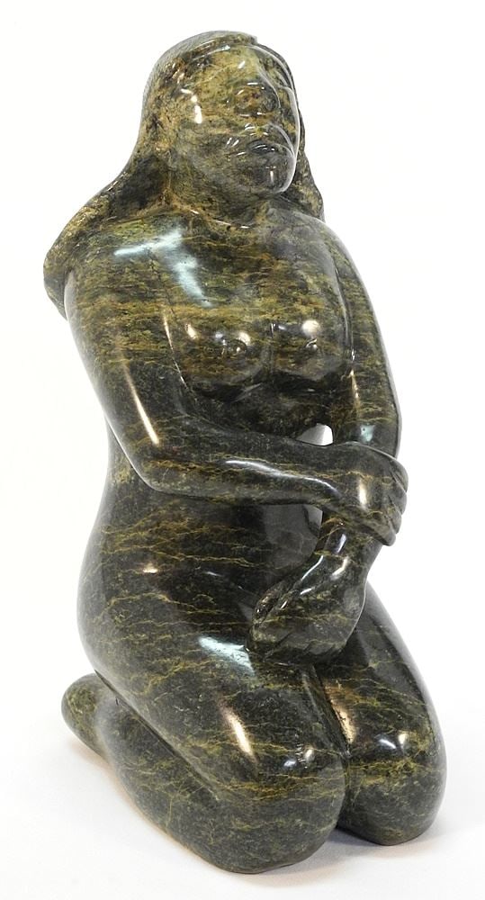Unsigned Inuit Stone Sculpture, 15 x 6 x 8", "Kneeling Woman" with Label 9404646. (1 of 6)