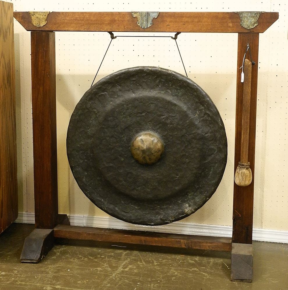 Burmese Temple Gong, 28" Diam. on Handcrafted Stand, 43 x 45 1/4". (1 of 6)