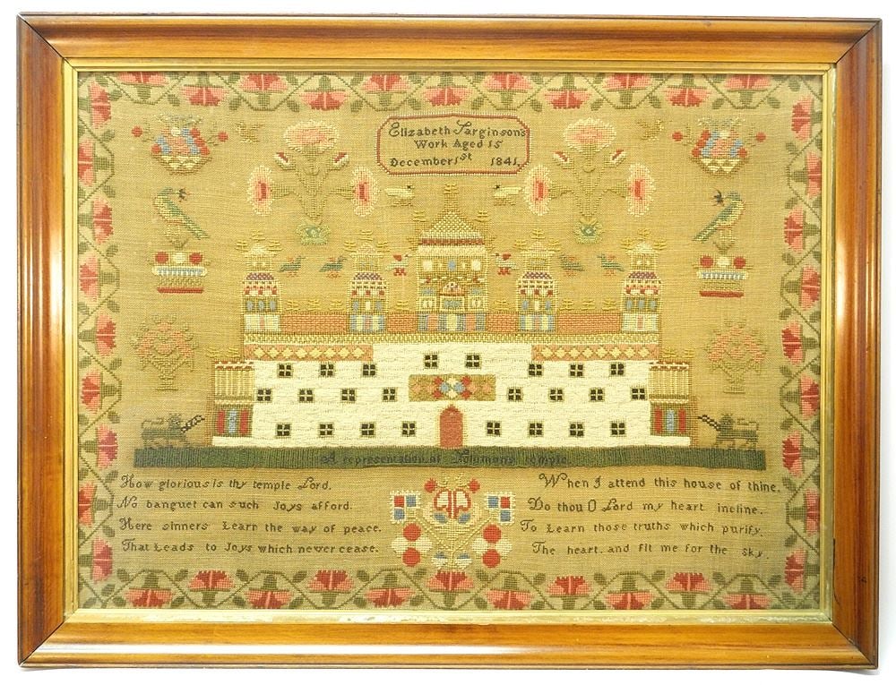 Needlework Sampler "Elizabeth Sarginson's Work Age 15, Dec.1,1845, "Solomons Temple". (1 of 10)