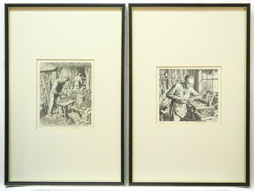 2 Engravings signed Stanley Anderson R.A., 8 1/16 x 6 1/2" & 6 1/2 x 7 1/4", "The Rake Makers" (1 of 12)
