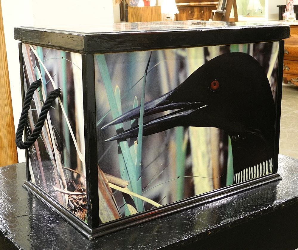 Mixed Media Photographic Box signed Jimmy Wright, "Loons", 14 1/8 x 21 x 13 1/4".: Mixed Media Photographic Box signed Jimmy Wright, "Loons", 14 1/8 x 21 x 13 1/4".