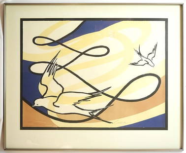 Lithograph signed (Alexander) Calder 27 1/4 x 36 1/2", "Birds in Flight, 1975" (fade noted).: Lithograph signed (Alexander) Calder 27 1/4 x 36 1/2", "Birds in Flight, 1975" (fade noted).