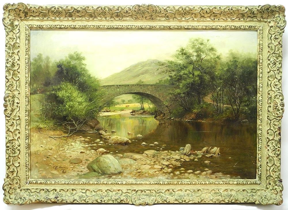 Oil on Canvas signed C (Charles) G.L Phillips'89, 19 1/2 x 29 1/2", "Bridge with Cows". (1 of 15)
